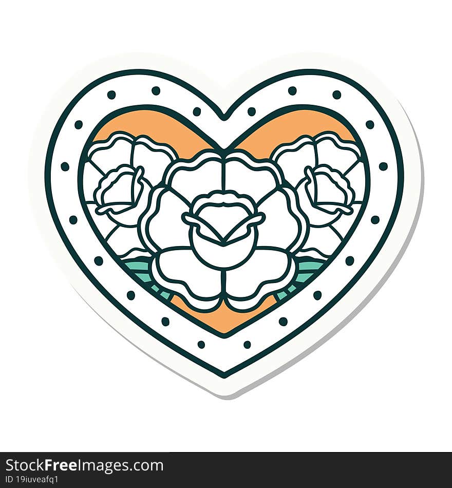 sticker of tattoo in traditional style of a heart and flowers. sticker of tattoo in traditional style of a heart and flowers