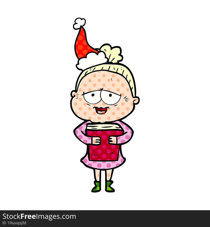 Comic Book Style Illustration Of A Happy Old Lady Wearing Santa Hat