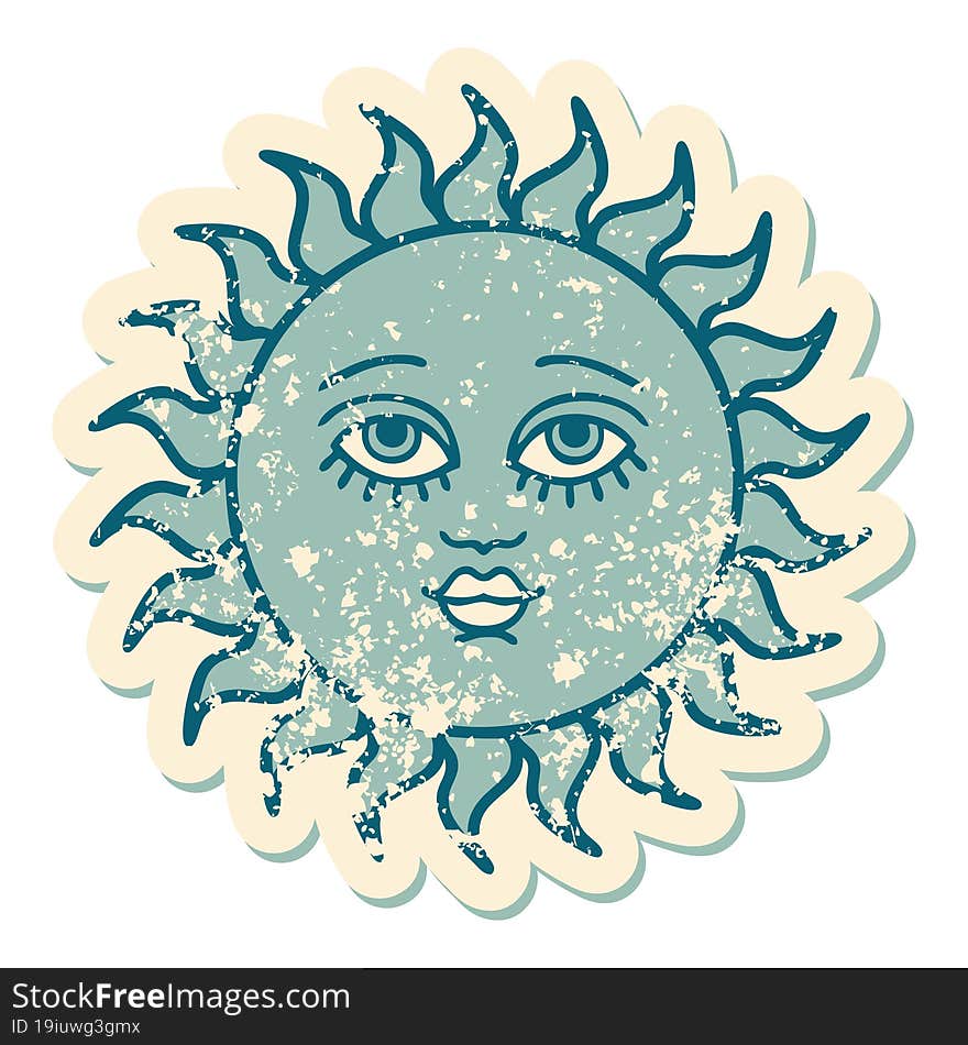 distressed sticker tattoo style icon of a sun with face