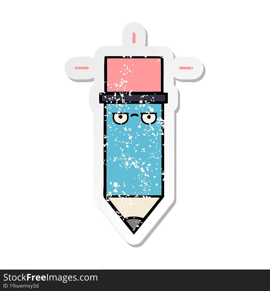 distressed sticker of a cute cartoon pencil