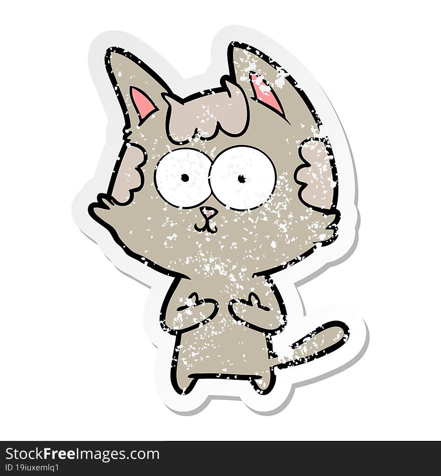 distressed sticker of a happy cartoon cat