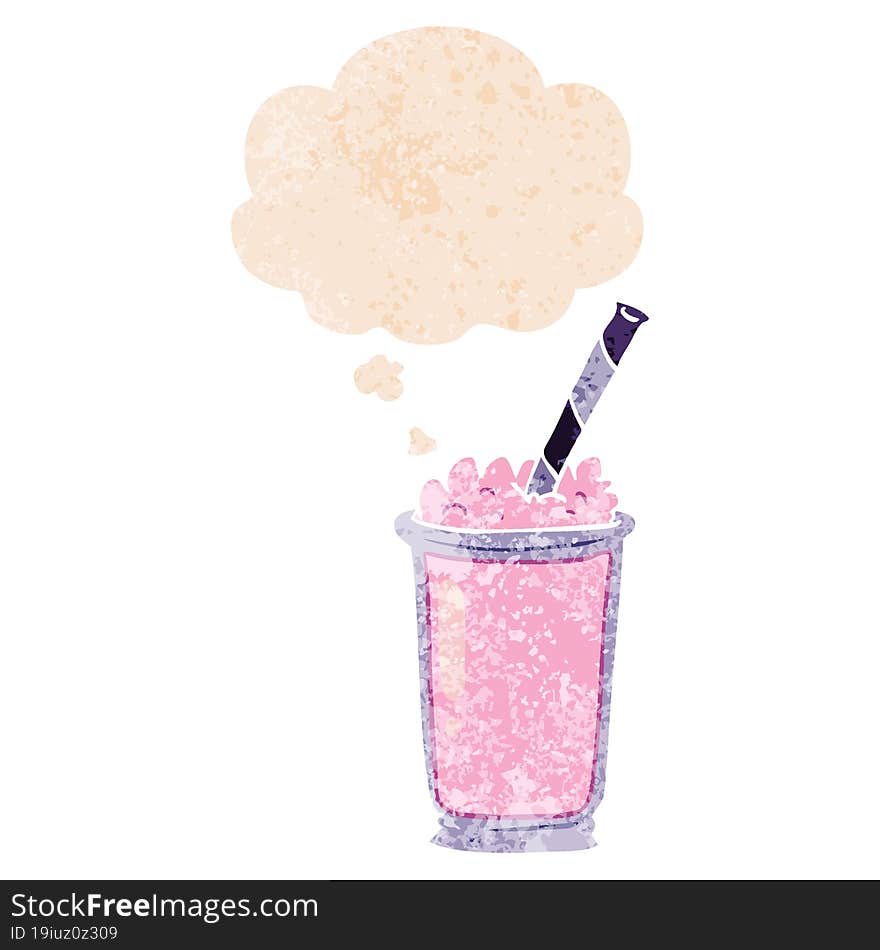 cartoon milkshake with thought bubble in grunge distressed retro textured style. cartoon milkshake with thought bubble in grunge distressed retro textured style