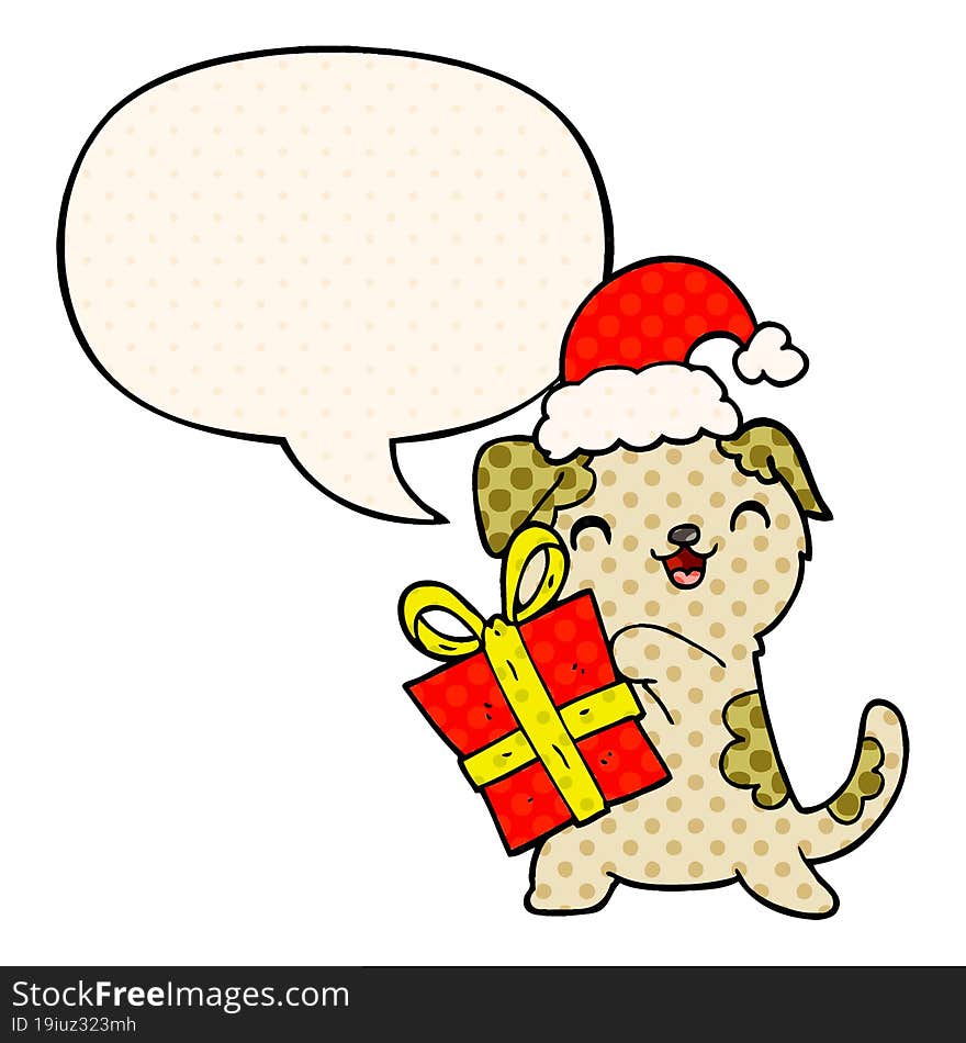 cute cartoon puppy and christmas present and hat and speech bubble in comic book style