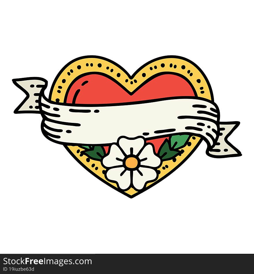 traditional tattoo of a heart and banner with flowers