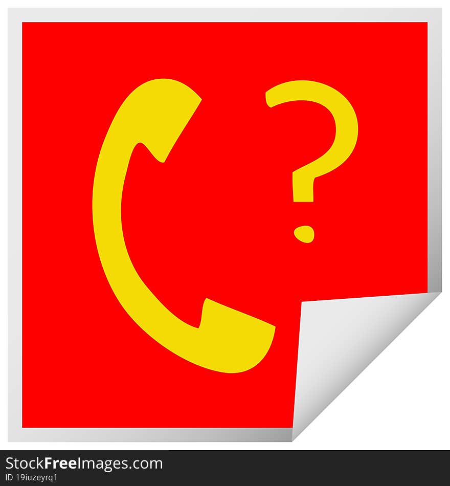 square peeling sticker cartoon of a telephone receiver with question mark