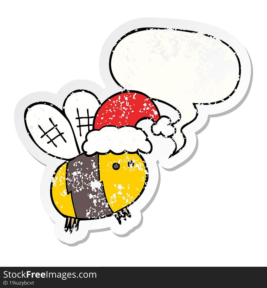 cute cartoon bee wearing christmas hat with speech bubble distressed distressed old sticker. cute cartoon bee wearing christmas hat with speech bubble distressed distressed old sticker