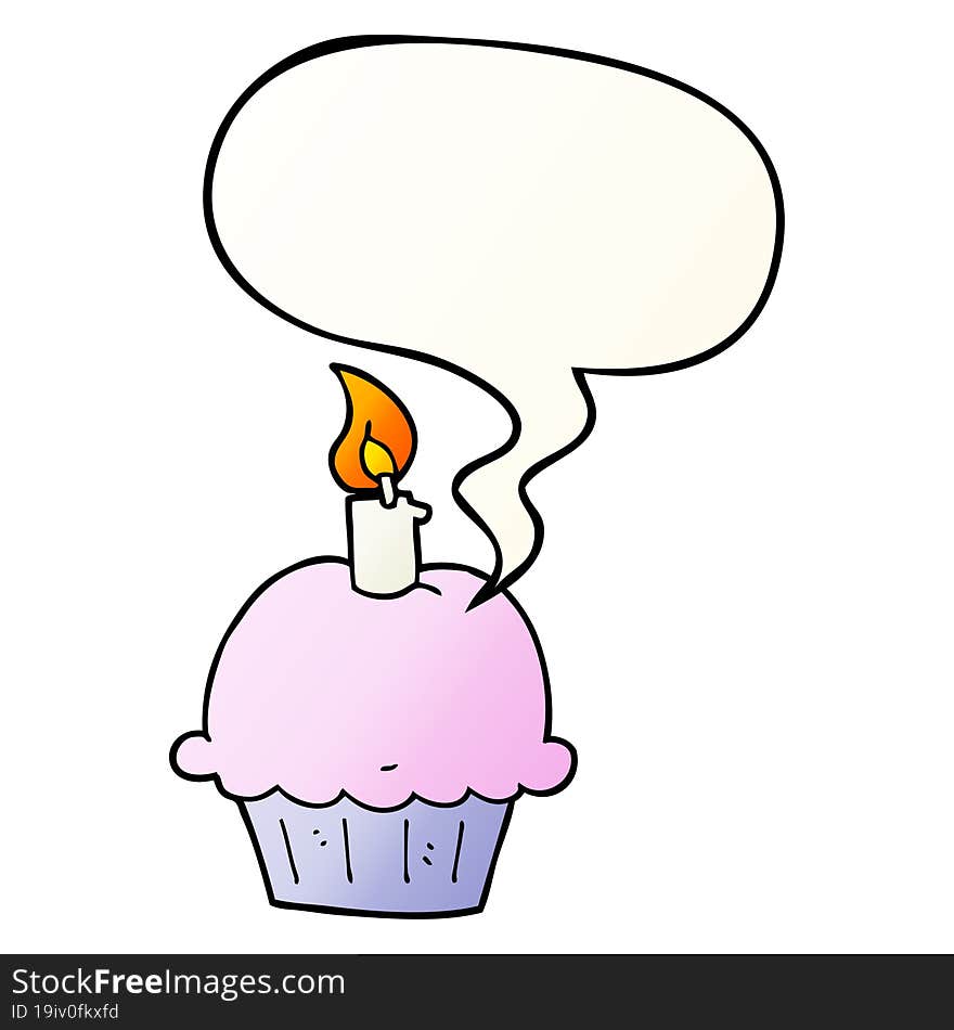 cartoon birthday cupcake and speech bubble in smooth gradient style