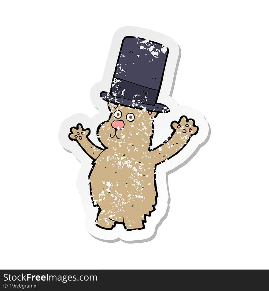 Retro Distressed Sticker Of A Cartoon Bear In Top Hat