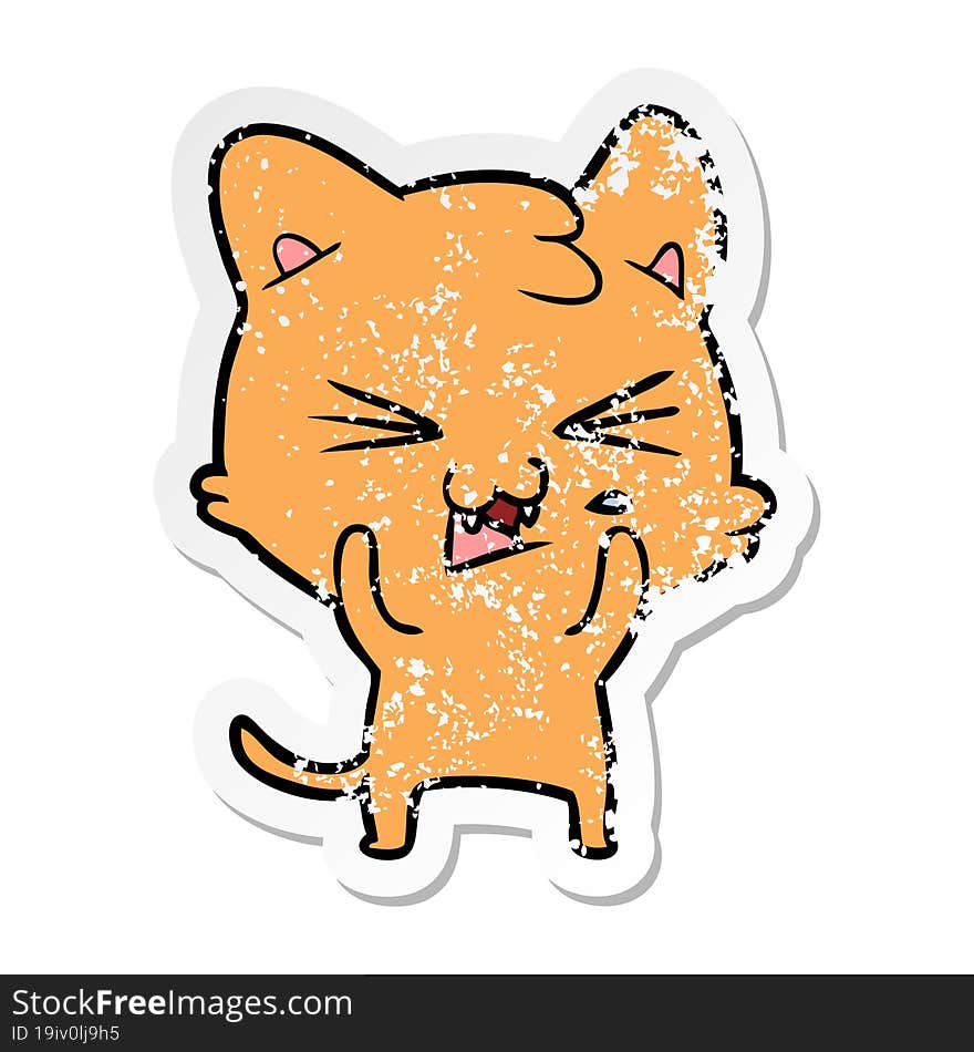 distressed sticker of a cartoon hissing cat