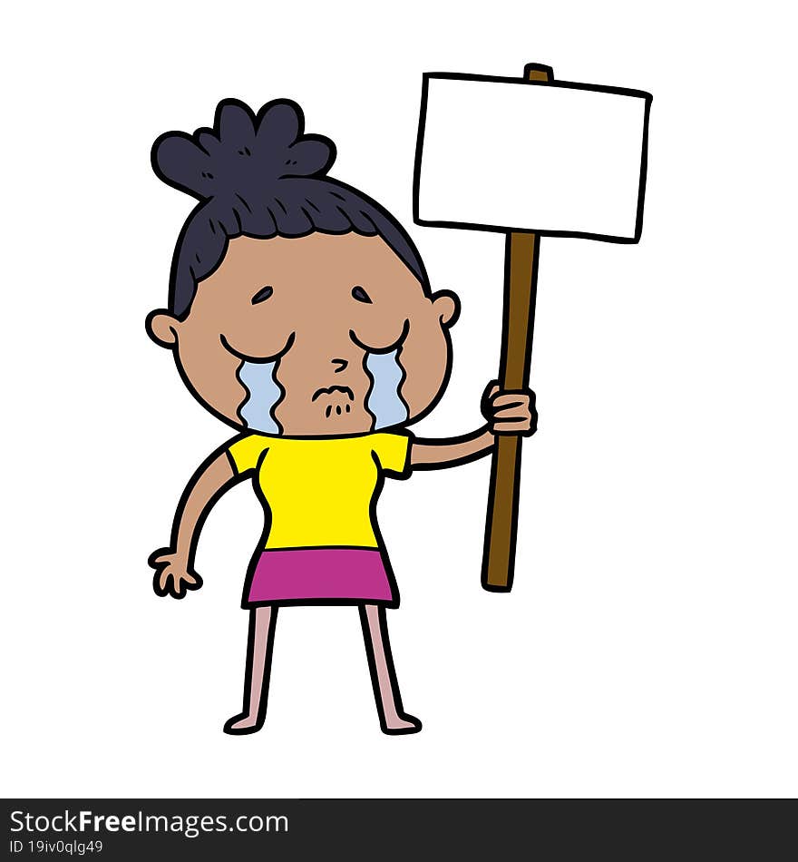 cartoon crying woman with protest sign. cartoon crying woman with protest sign