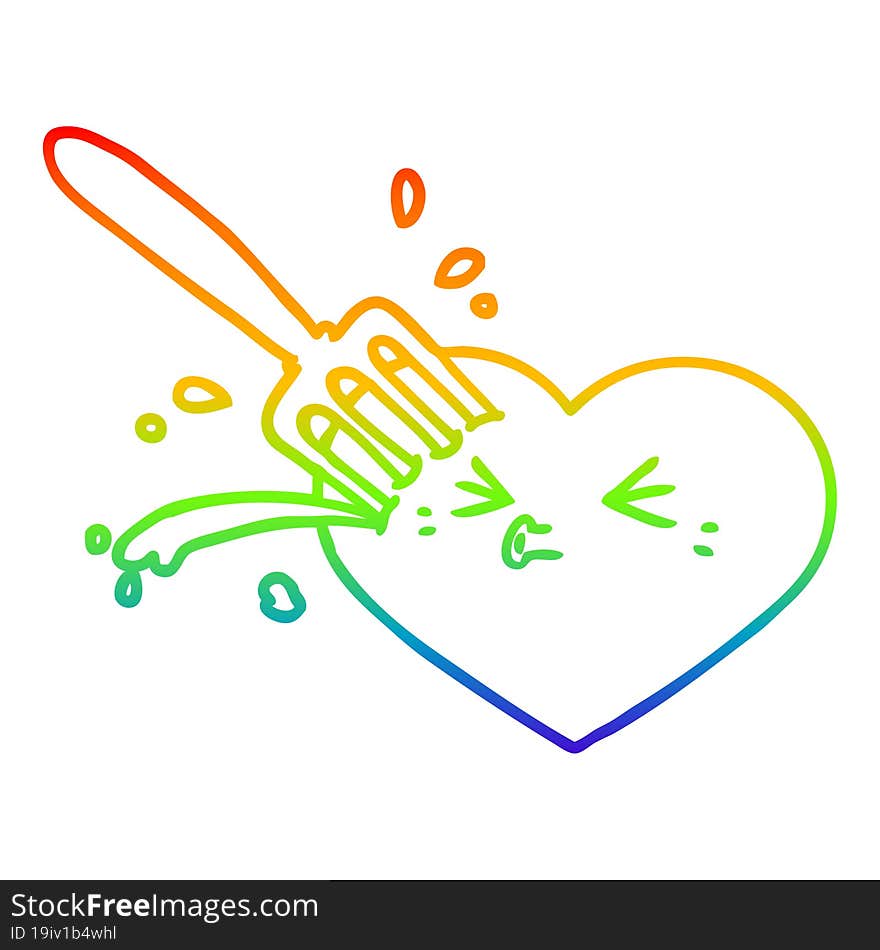 rainbow gradient line drawing of a cartoon love heart stuck with fork