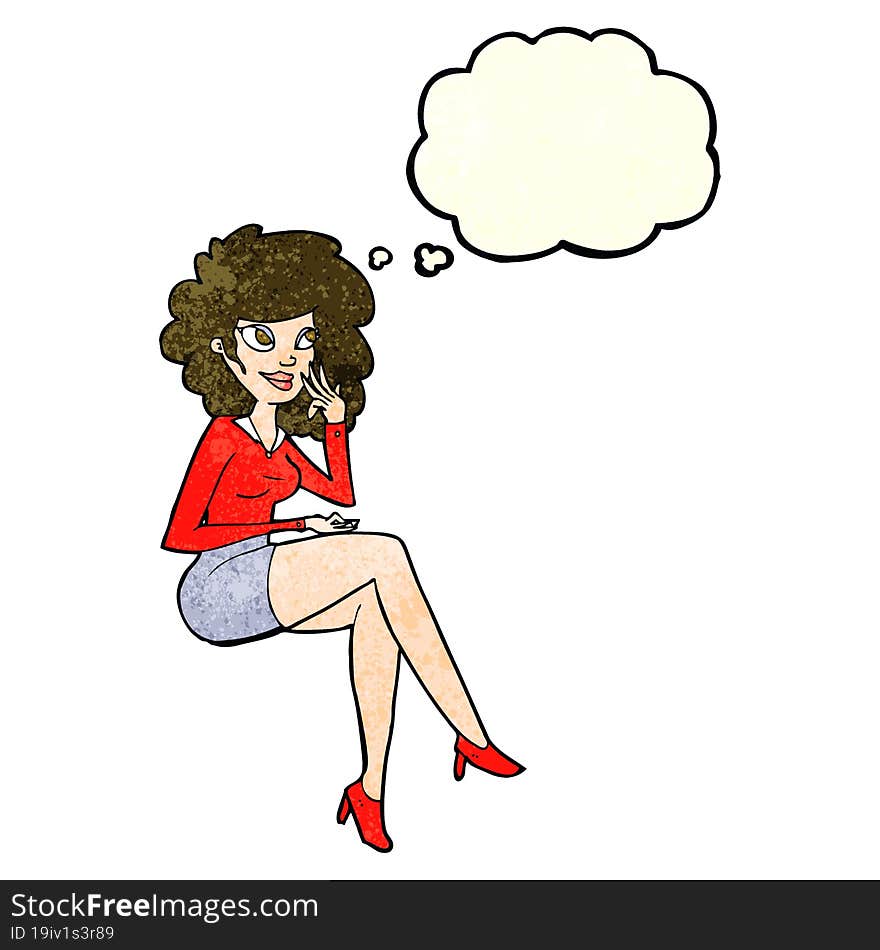 cartoon office woman sitting with thought bubble