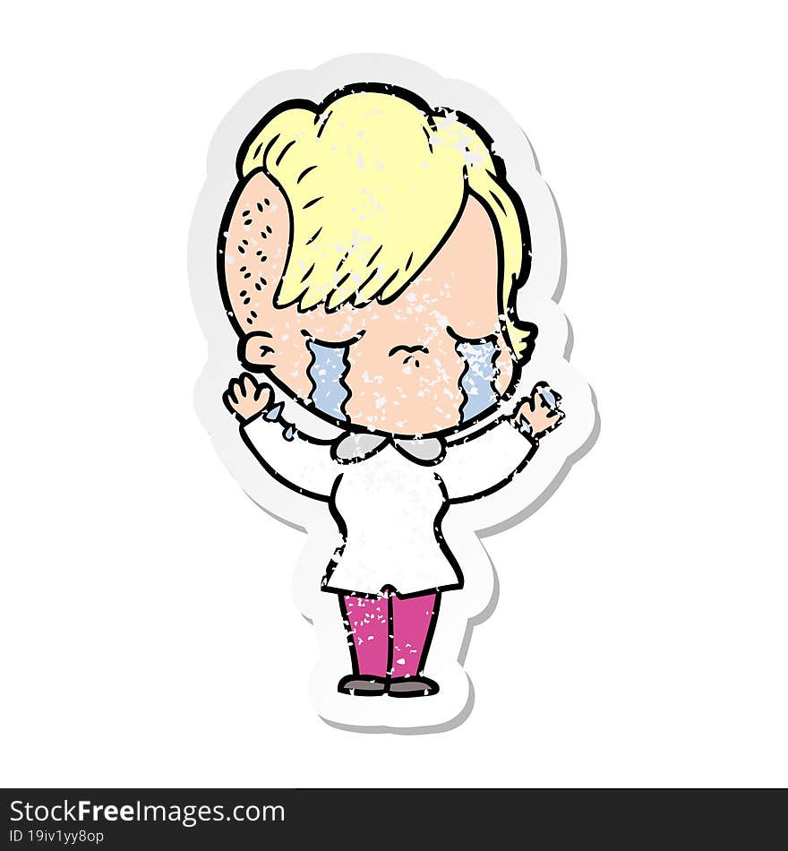 distressed sticker of a cartoon crying girl