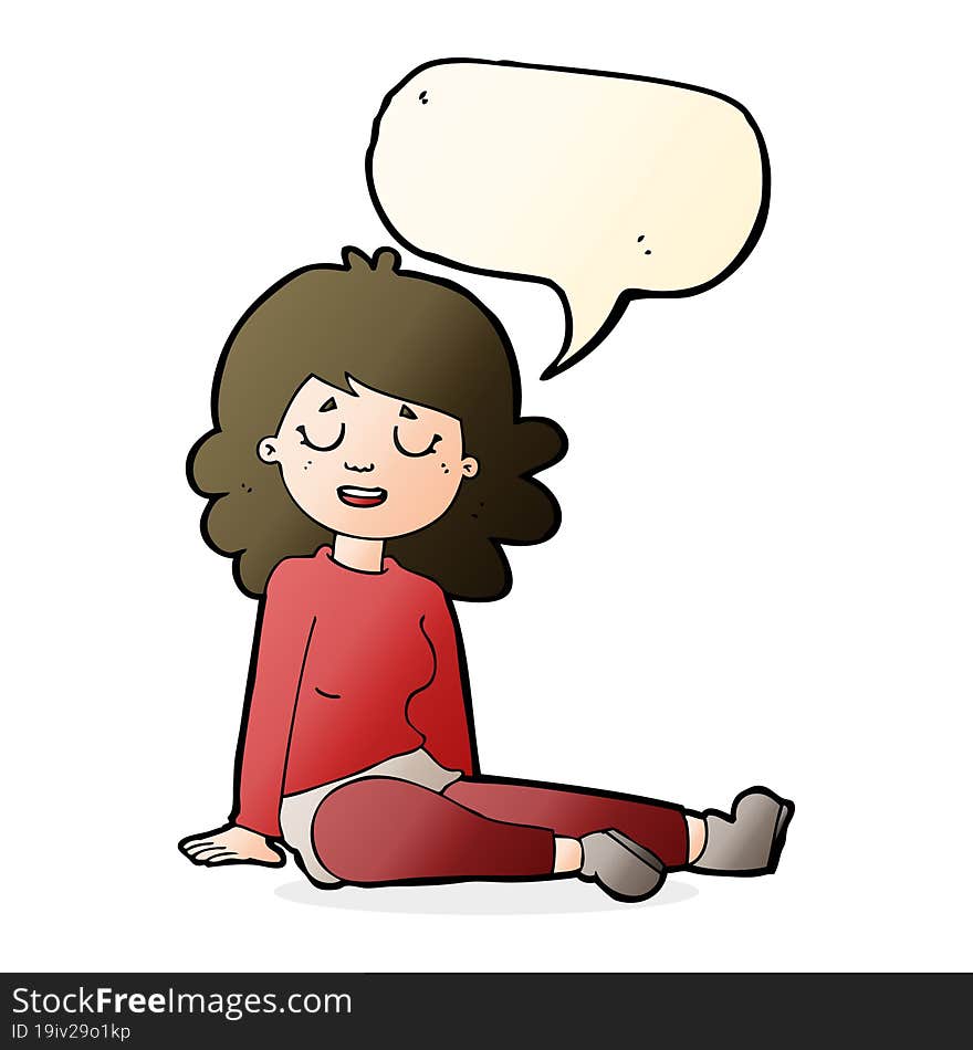 cartoon happy woman sitting on floor with speech bubble