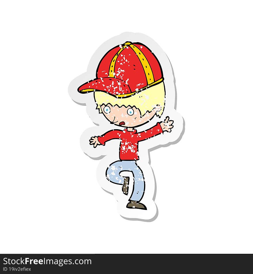 Retro Distressed Sticker Of A Cartoon Boy In Cap