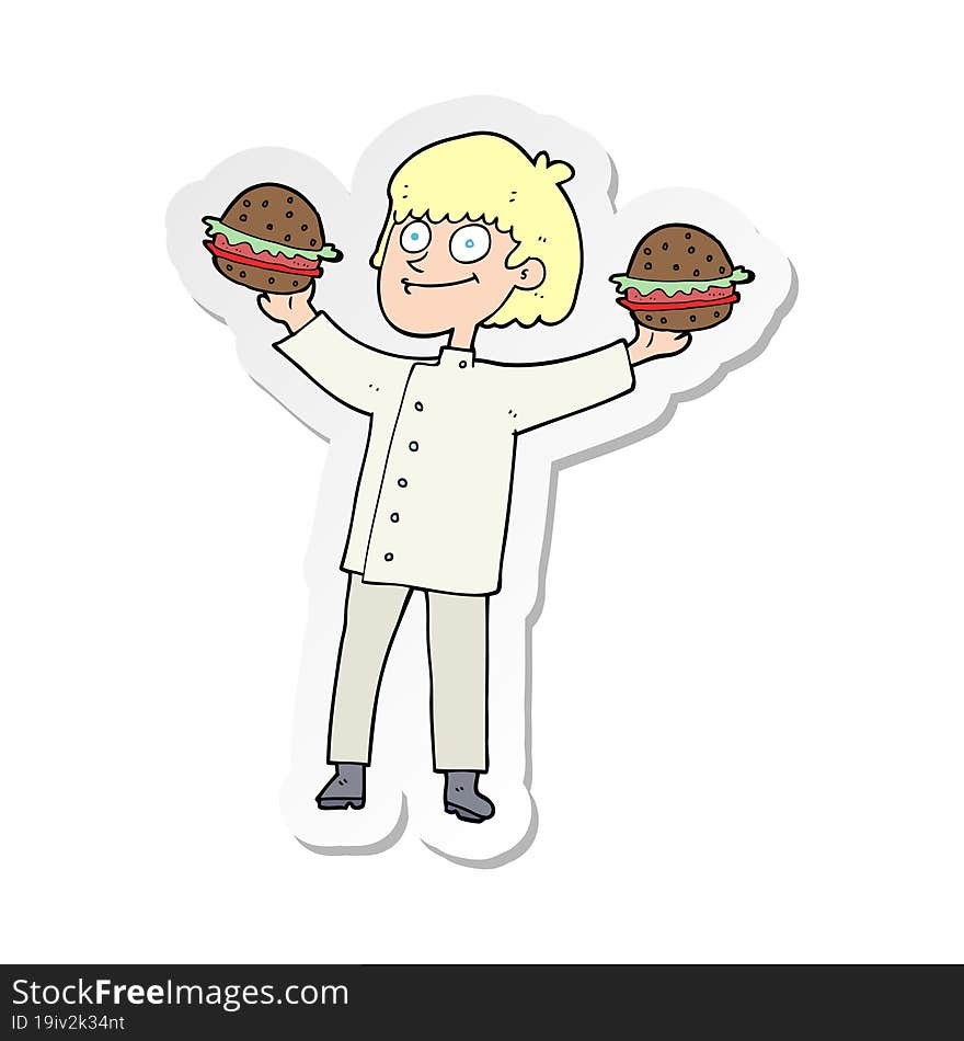 sticker of a cartoon chef with burgers