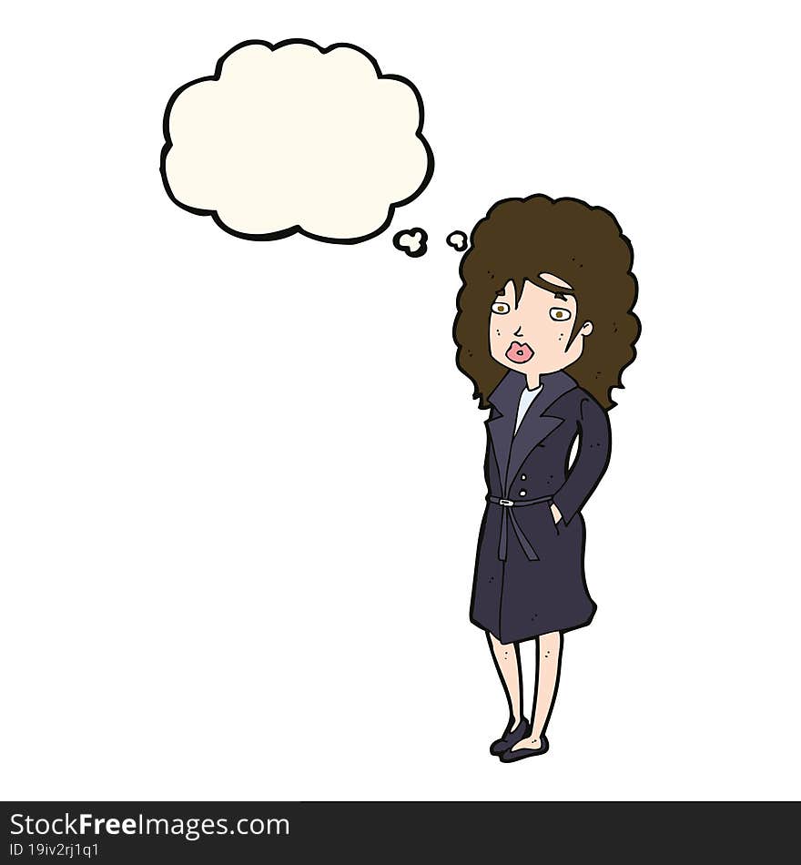 cartoon woman in trench coat with thought bubble