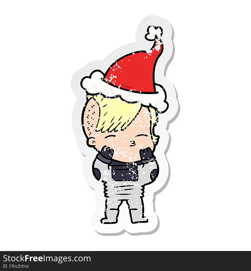 distressed sticker cartoon of a girl wearing futuristic clothes wearing santa hat