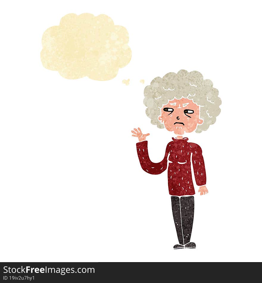 cartoon annoyed old woman waving with thought bubble