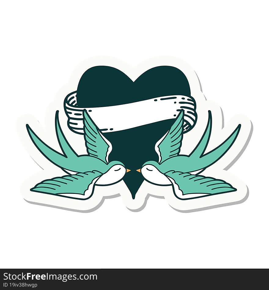 sticker of tattoo in traditional style of swallows and a heart with banner. sticker of tattoo in traditional style of swallows and a heart with banner