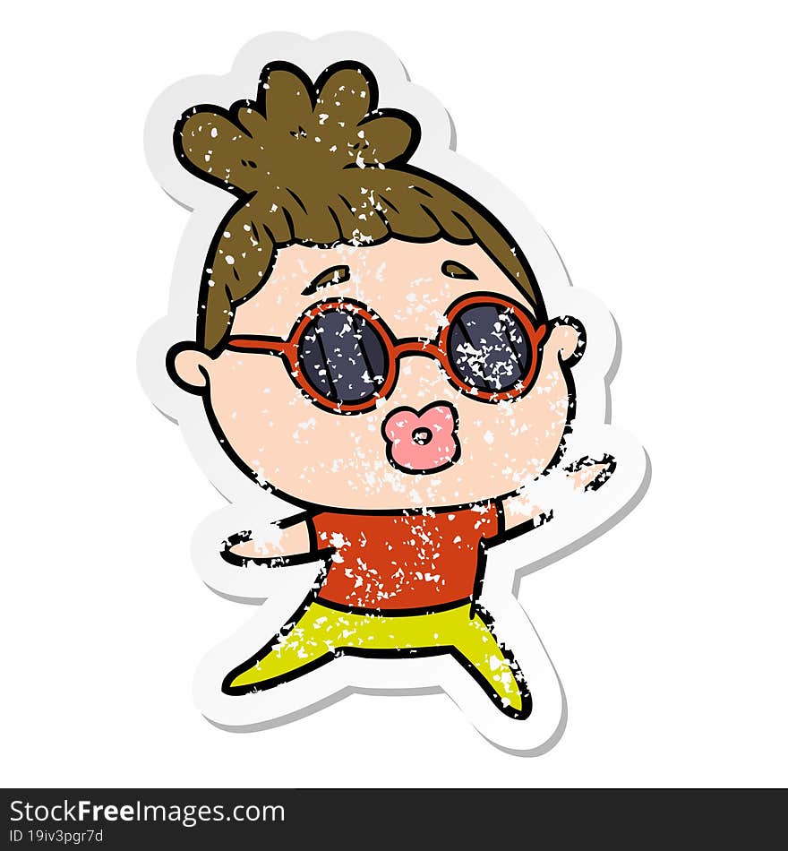 Distressed Sticker Of A Cartoon Dancing Woman Wearing Sunglasses