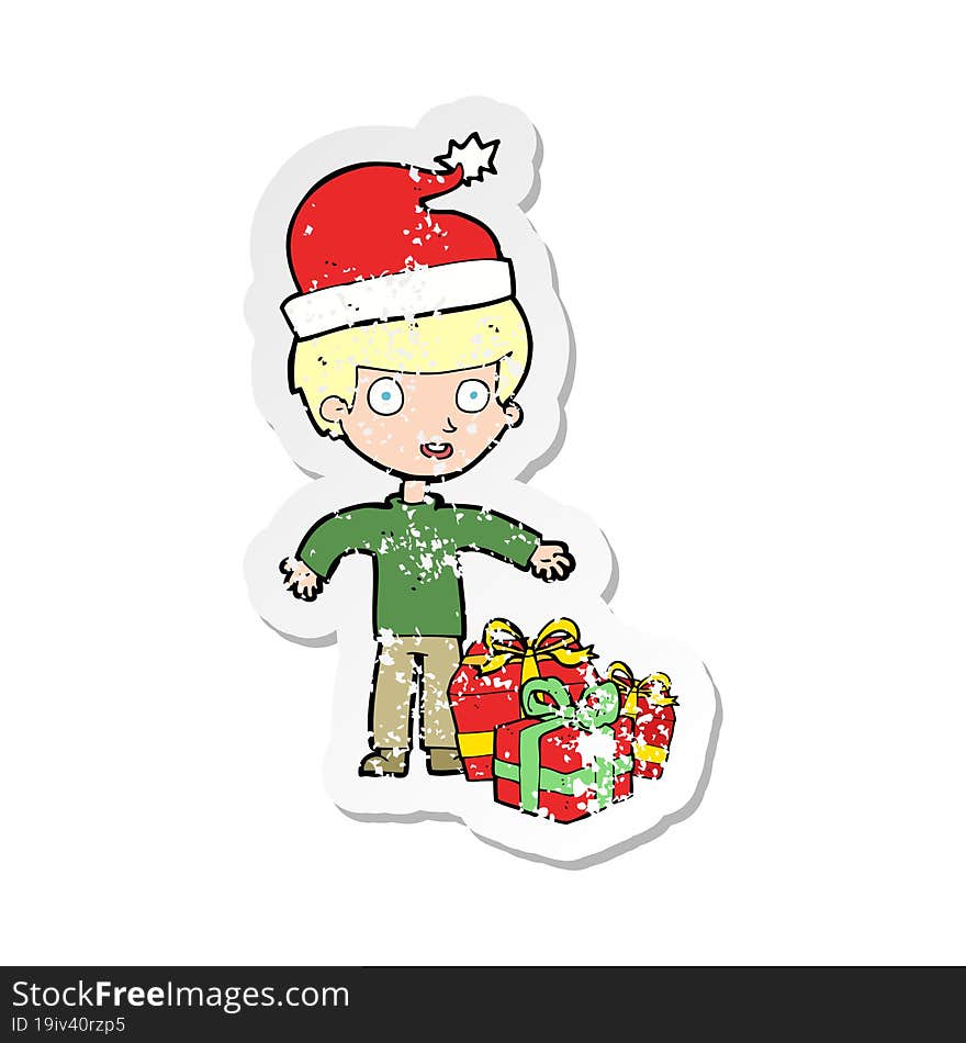 retro distressed sticker of a cartoon boy with present