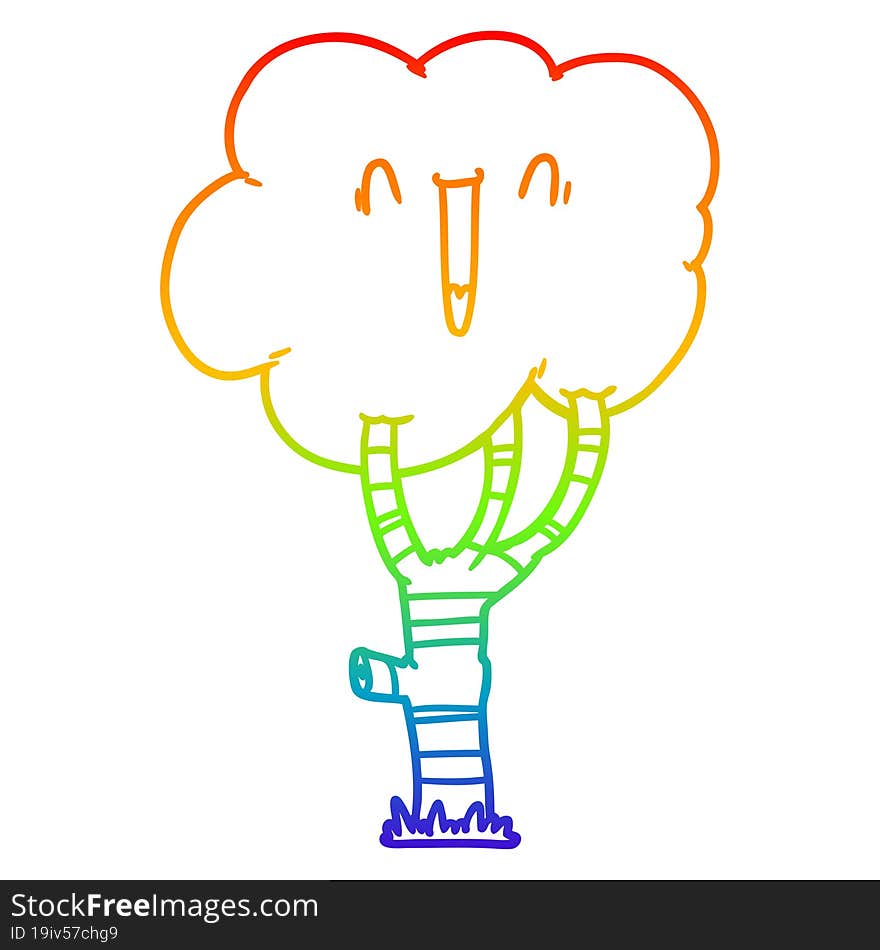 rainbow gradient line drawing of a cartoon laughing tree