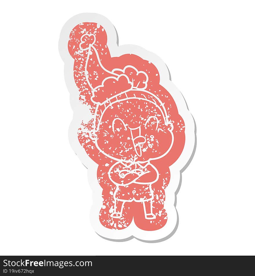 cartoon distressed sticker of a happy old woman wearing santa hat