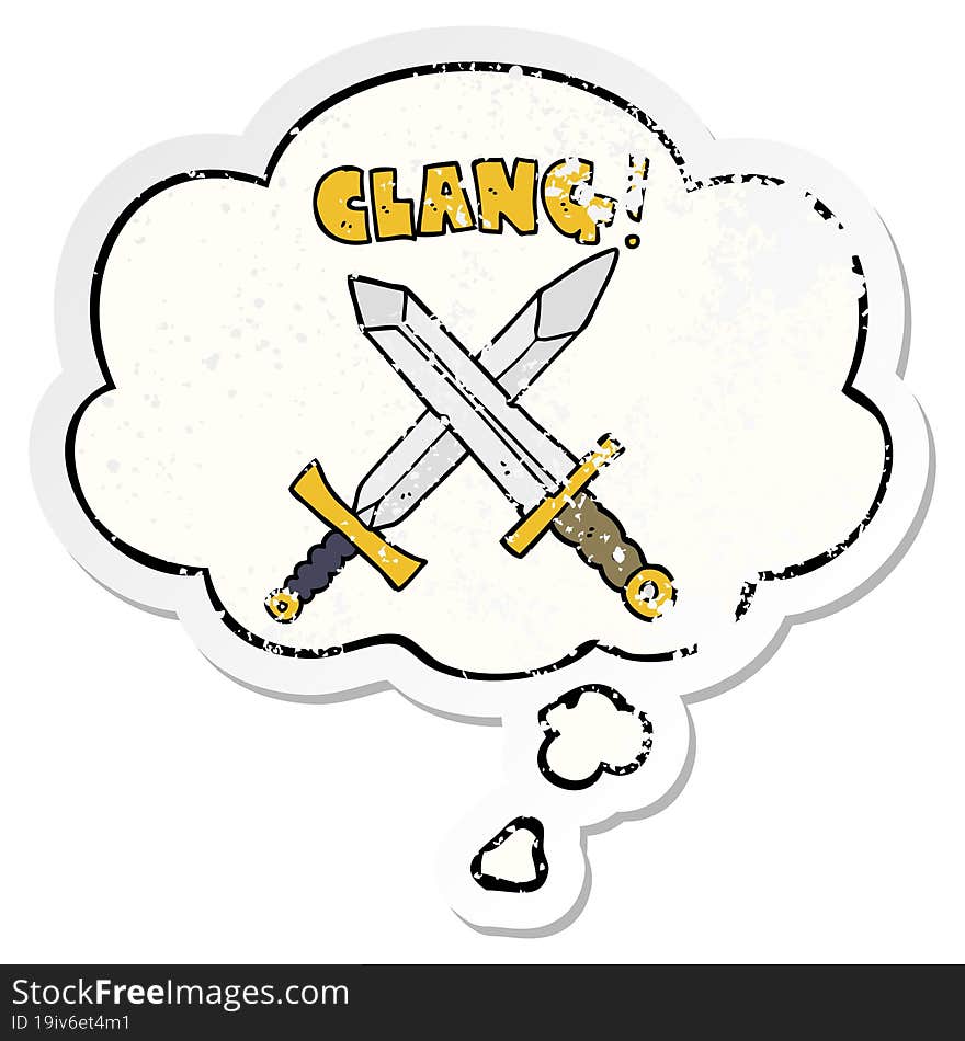 cartoon sword fight with thought bubble as a distressed worn sticker