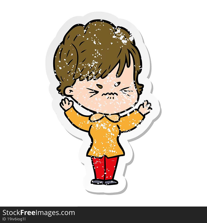 distressed sticker of a cartoon frustrated woman