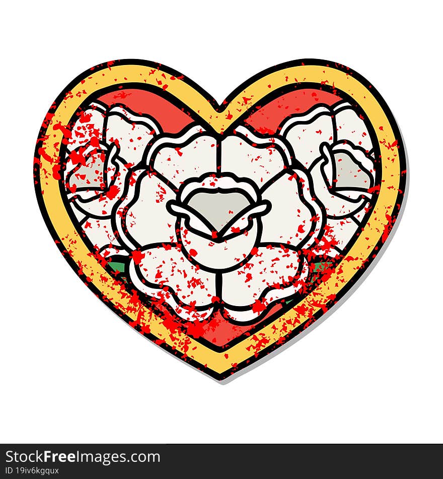 traditional distressed sticker tattoo of a heart and flowers