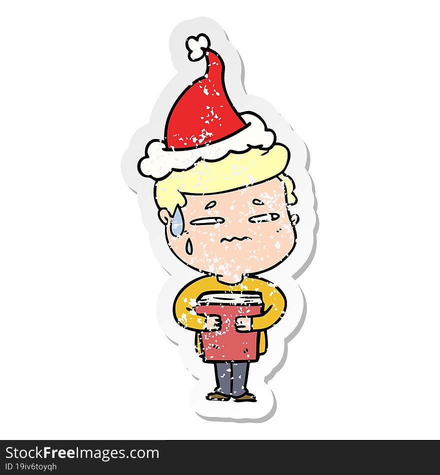 Distressed Sticker Cartoon Of A Anxious Boy Carrying Book Wearing Santa Hat