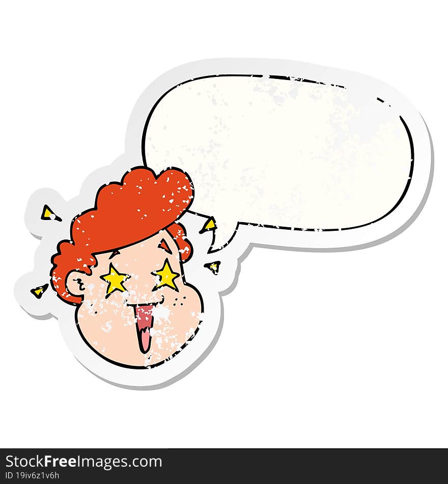 cartoon happy face and speech bubble distressed sticker