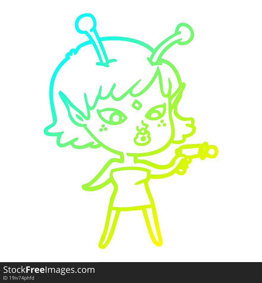 Cold Gradient Line Drawing Pretty Cartoon Alien Girl