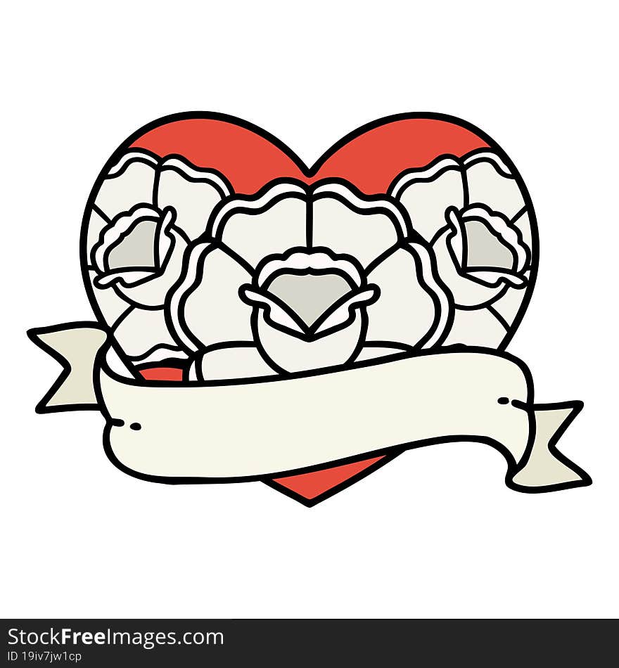 tattoo in traditional style of a heart and banner with flowers. tattoo in traditional style of a heart and banner with flowers