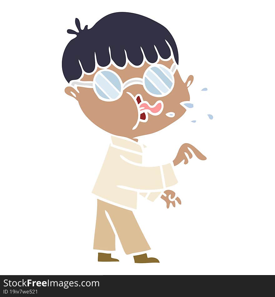 flat color style cartoon boy wearing spectacles and making point