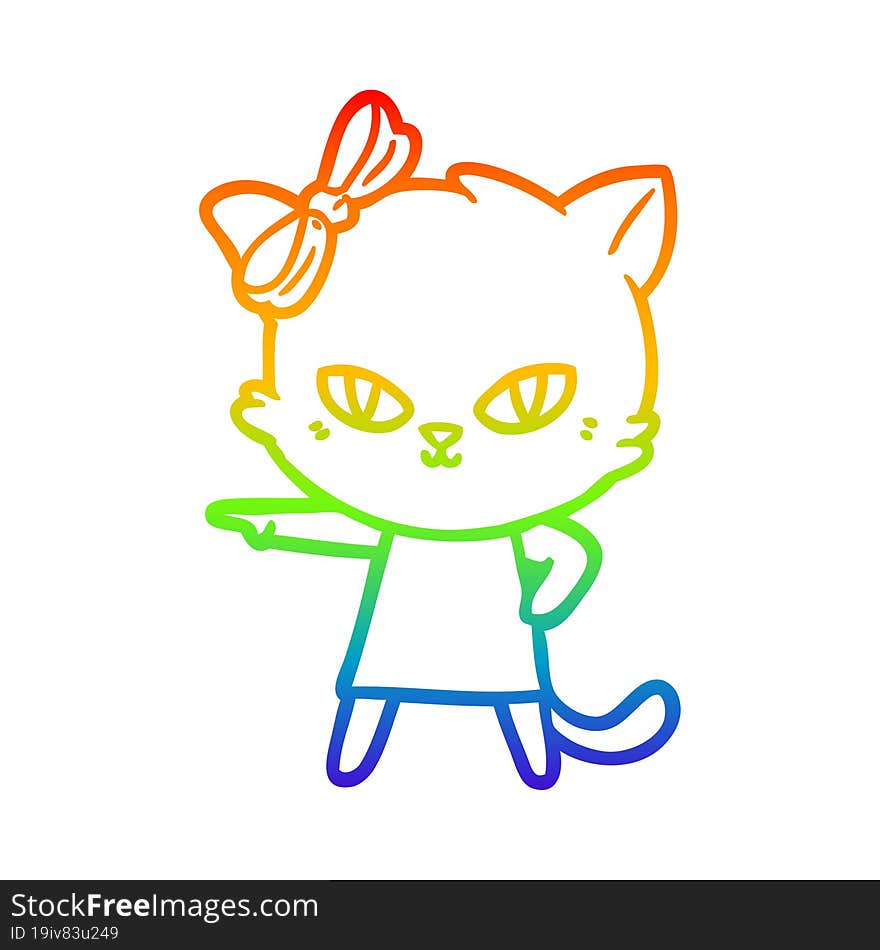 rainbow gradient line drawing of a cute cartoon cat wearing dress