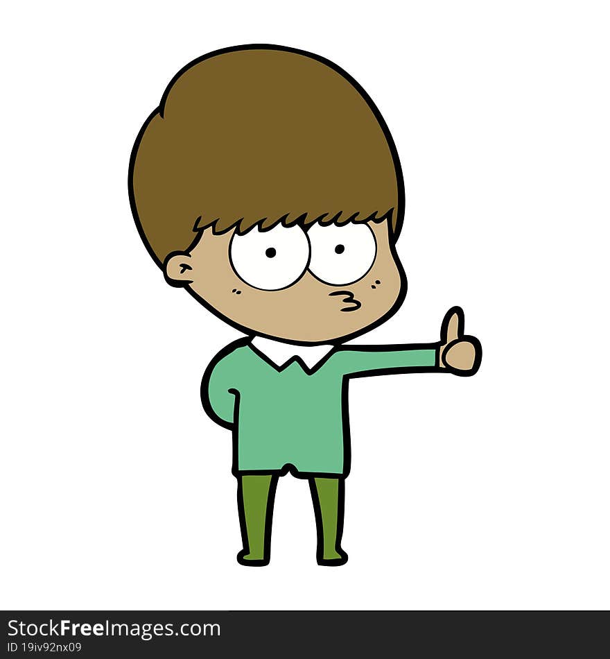 curious cartoon boy giving thumbs up sign. curious cartoon boy giving thumbs up sign