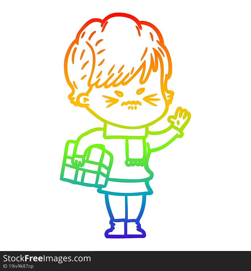 rainbow gradient line drawing cartoon frustrated woman