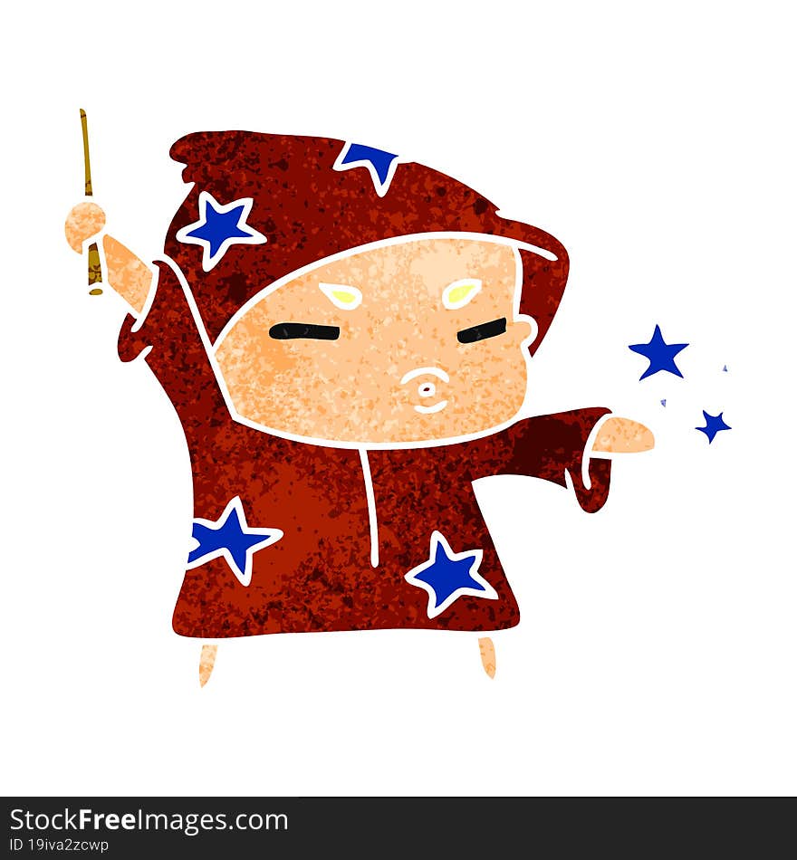 retro cartoon illustration  cute kawaii wizard child. retro cartoon illustration  cute kawaii wizard child