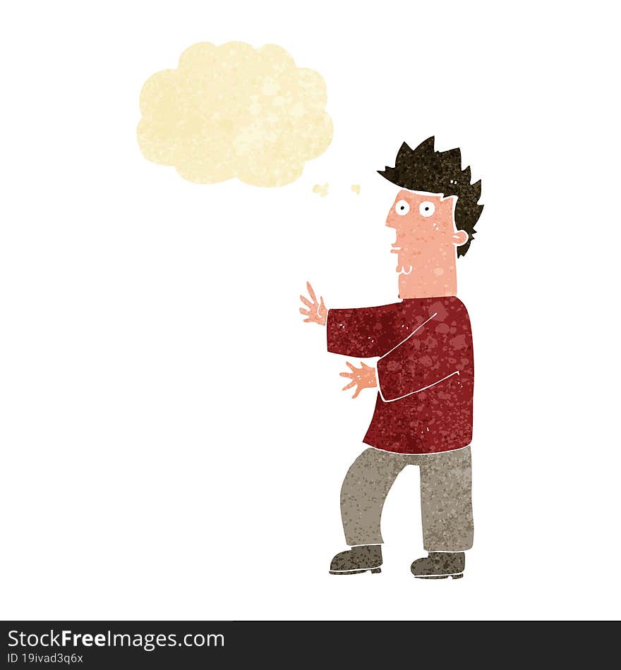 cartoon nervous man waving with thought bubble