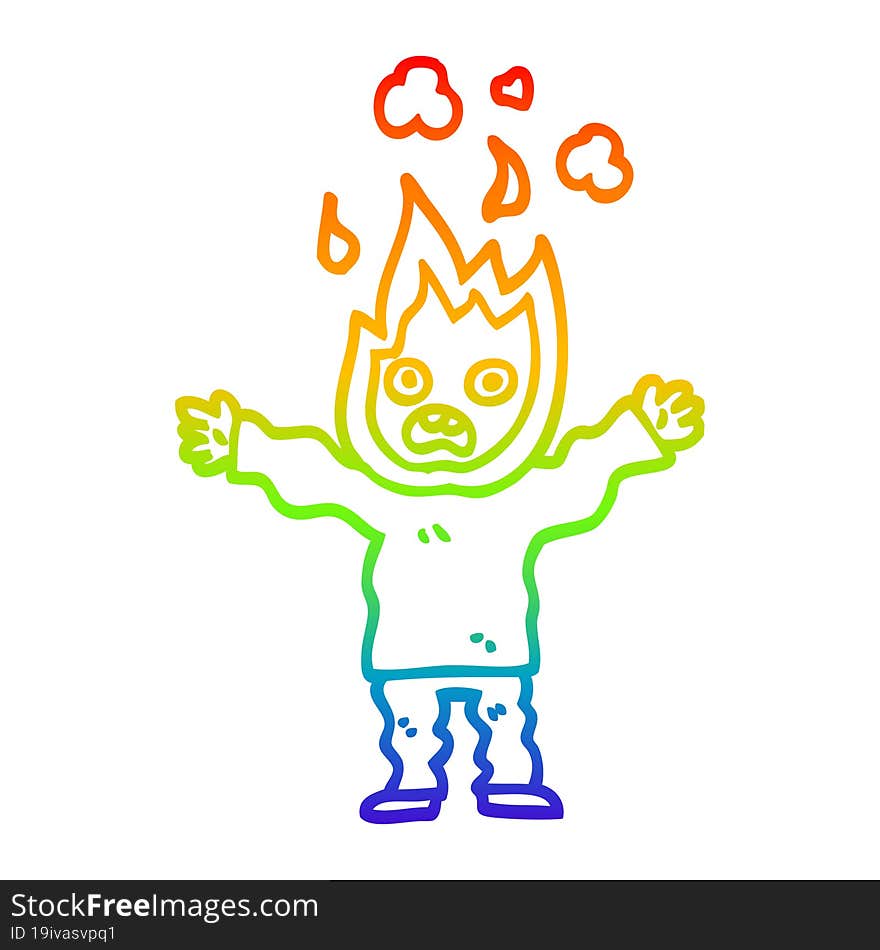 rainbow gradient line drawing of a cartoon man with head on fire