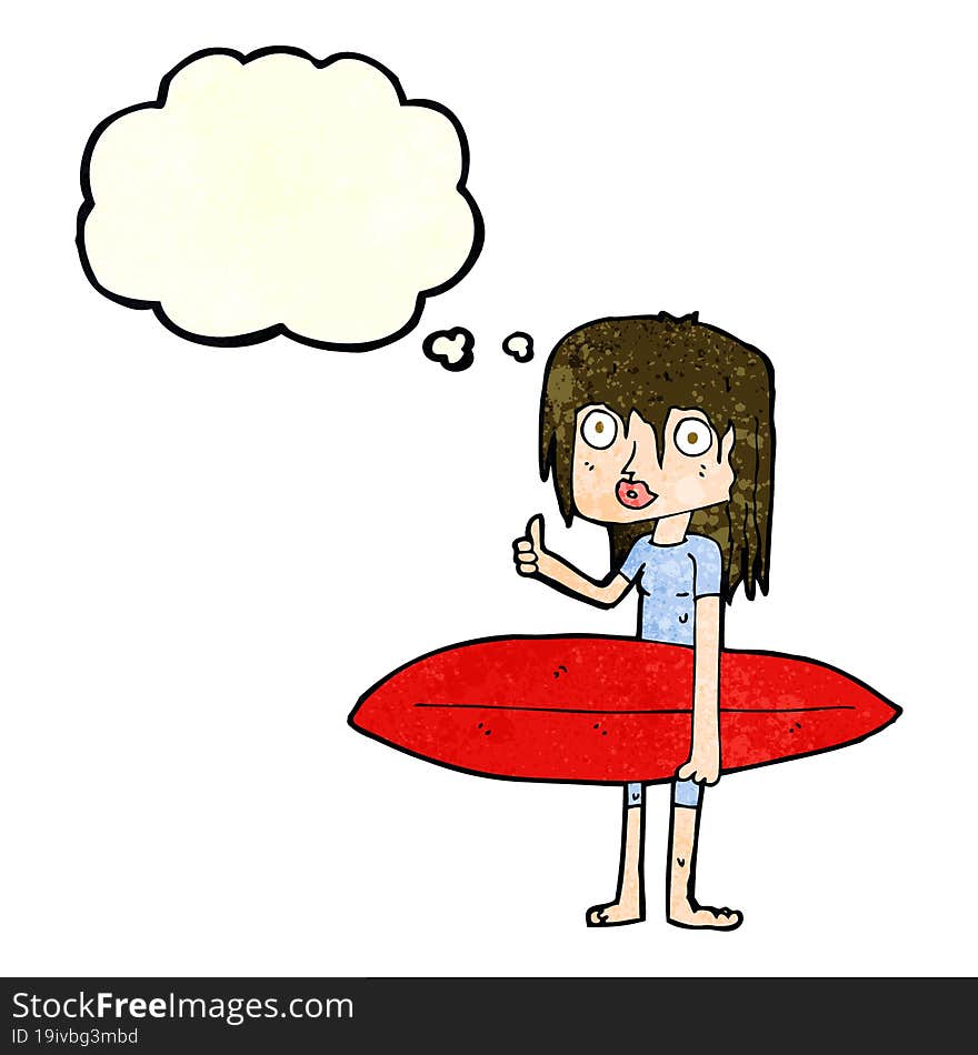 cartoon surfer girl with thought bubble