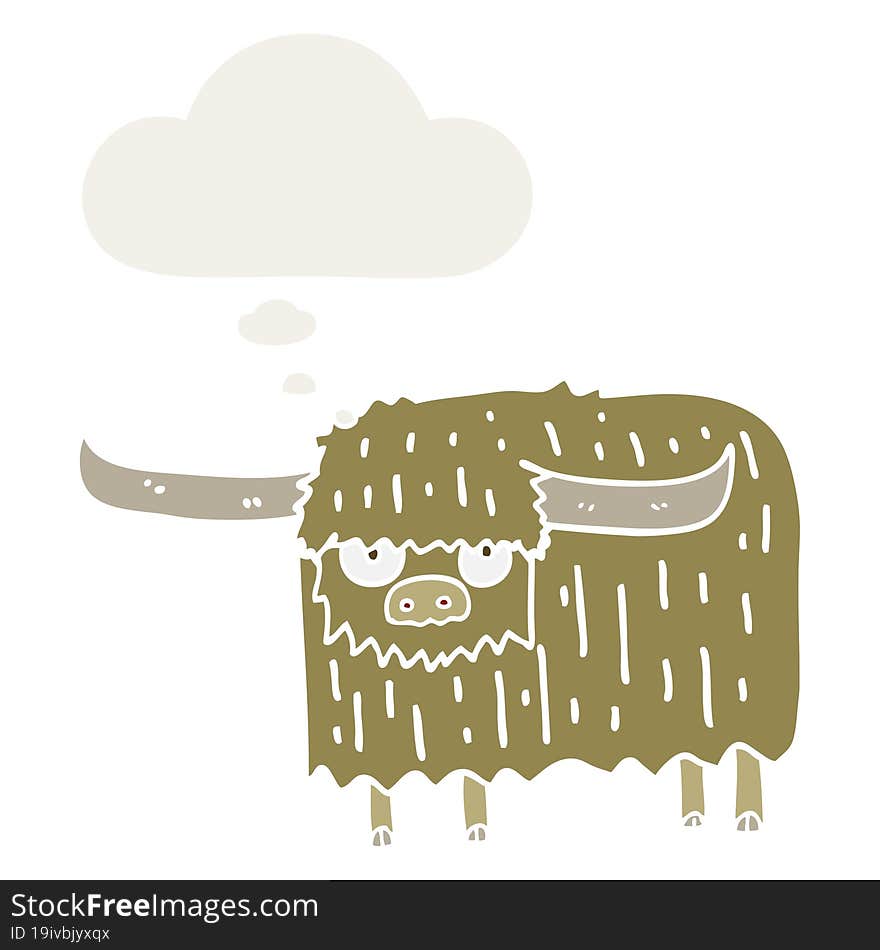 cartoon hairy cow and thought bubble in retro style