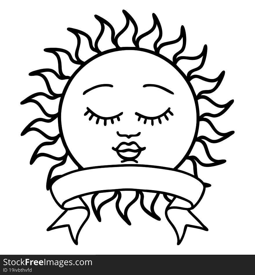 black linework tattoo with banner of a sun with face