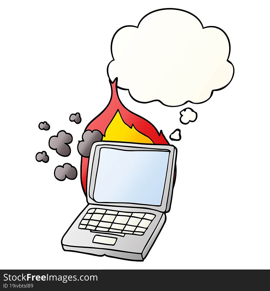 cartoon broken laptop computer with thought bubble in smooth gradient style