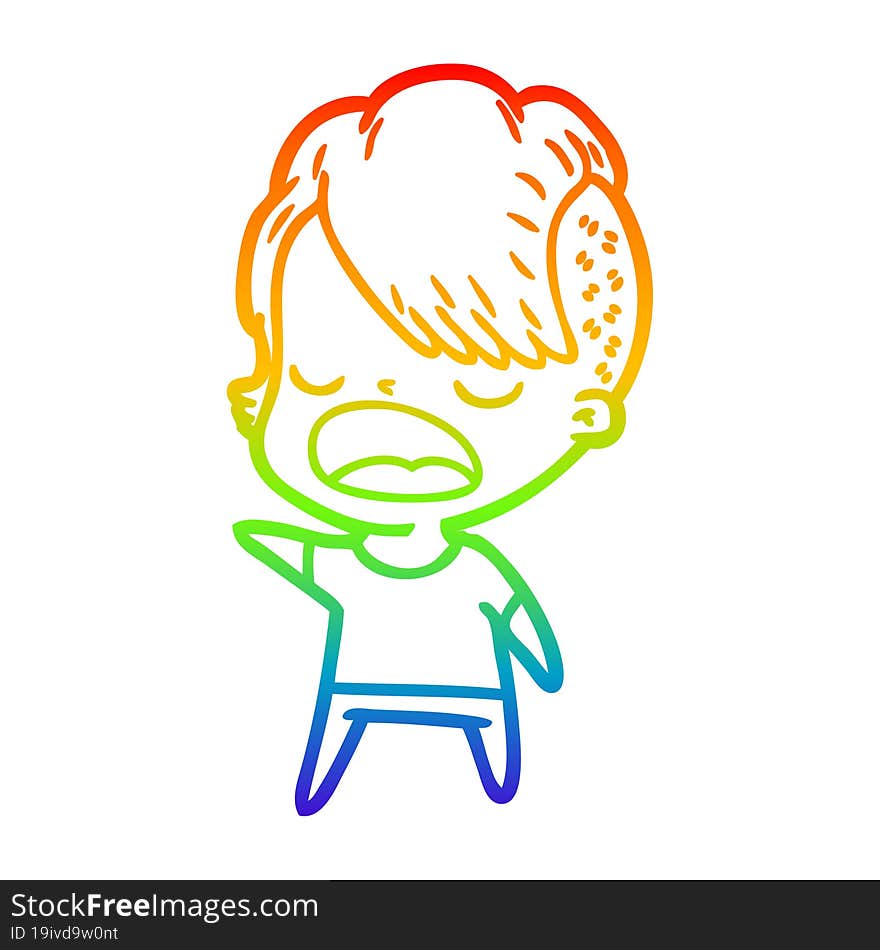 rainbow gradient line drawing of a cartoon cool hipster girl talking