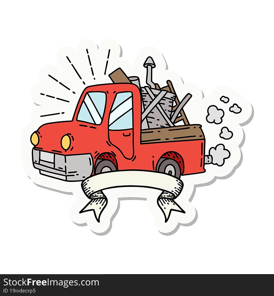 Sticker Of Tattoo Style Truck Carrying Junk