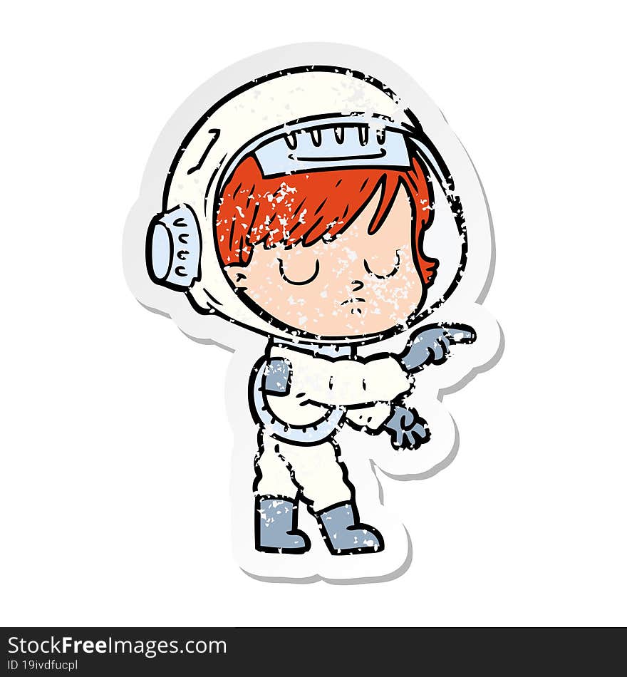 distressed sticker of a cartoon astronaut woman