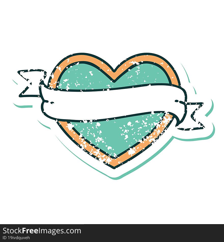 Distressed Sticker Tattoo Style Icon Of A Heart And Banner